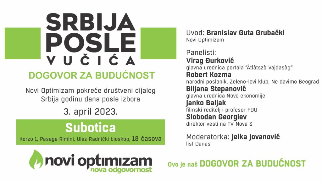 Novi Optimizam: Tribina „Dogovor za budućnost – Srbija posle Vučića“, 3. aprila, u 18 časova, u Subotici