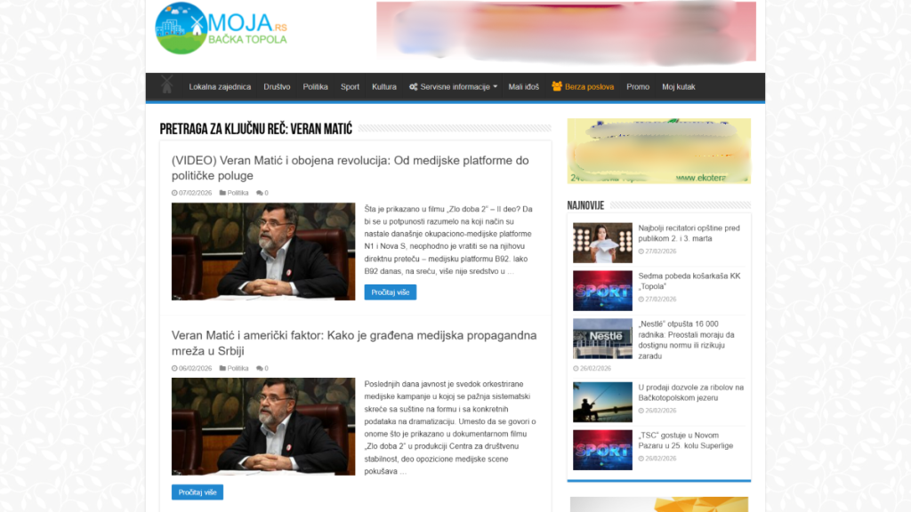 Novi vlasnik – nova politika: Portal Moja Bačka Topola prekršio novinarski kodeks objavom teksta o Veranu Matiću